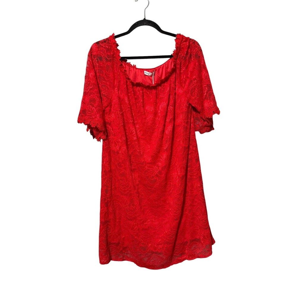 Miholl Lace Dress Red Floral Overlay Scallop Sleeve Lined Size L